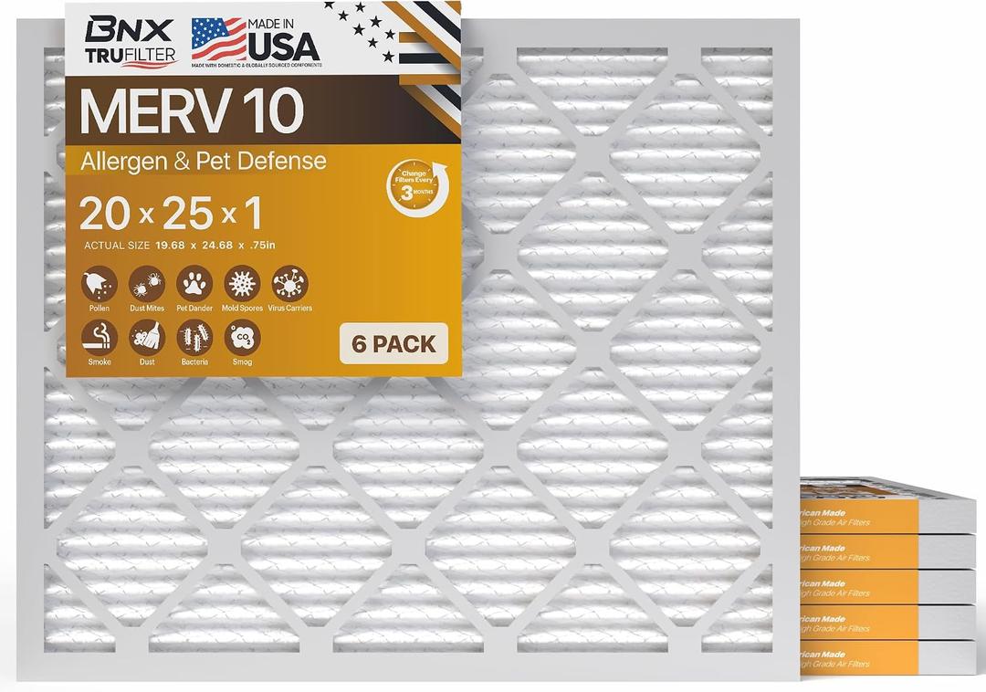 BNX TruFilter 20x25x1 MERV 10 (6-Pack) AC Furnace Air Filter - MADE IN USA - Pleated Air Conditioner HVAC AC Furnace Filters - Removes Odor, Mold, Bacteria, Smoke