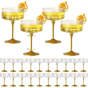 24 PCS Ribbed Coupe Glasses with Gold Stem Clear Plastic Champagne Coupe Cup 10oz Detachable Gold Rim Espresso Martini Glass Vintage Margarita Glassware Cocktail Glass for Christmas