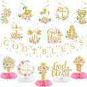 Pink Baptism Decorations, Glitter God Bless Banner Hanging Swirls Honeycomb Centerpieces for Baby Shower Birthday First Communion, Baptism Party Supplies