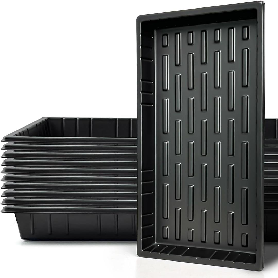 Growing Trays, 1020 Plant Nursery Trays Heavy Duty Seed Starter Flat Seedling Tray for 72/128 Cell Plug Tray Transplant Growing Microgreens (21"11", 10 Pack, 1.6" Deep, Without Holes) (TD538-10P-Black)