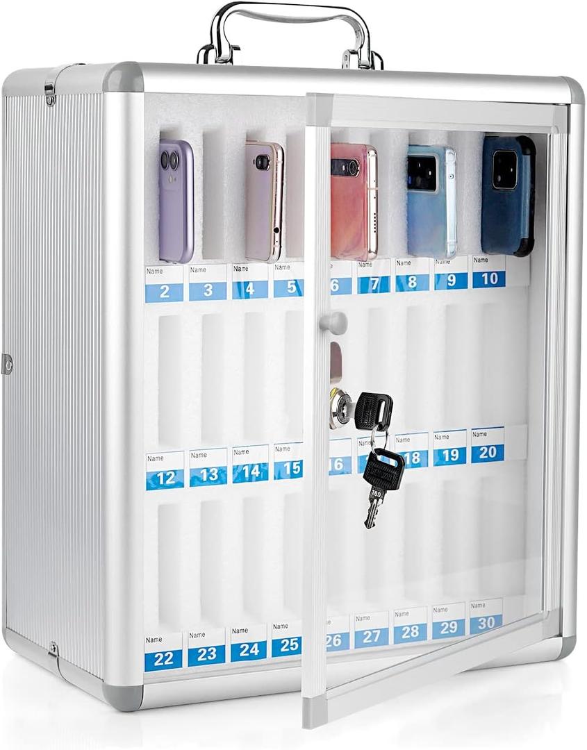 30 Slots Aluminum Alloy Pocket Chart Storage Cabinet for Cell Phones,Wall-Mounted with a Locked,Can be Carried by Hand (30 Slots Cabinet), 30 Slots Transparent