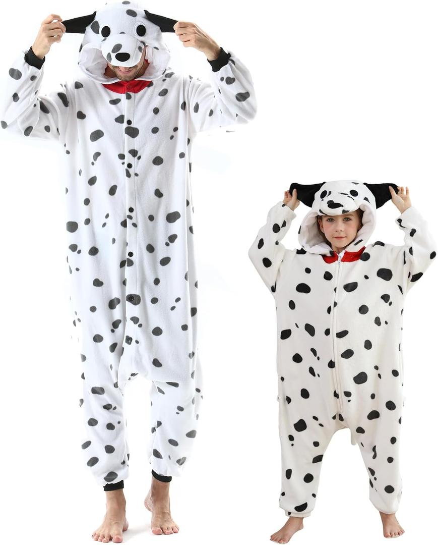 DELEY Unisex One Piece Animal Adult Dalmatian Onesie, Animal Pajamas Halloween Cosplay Costume for Women and Mens (6-7 Years, White Black)