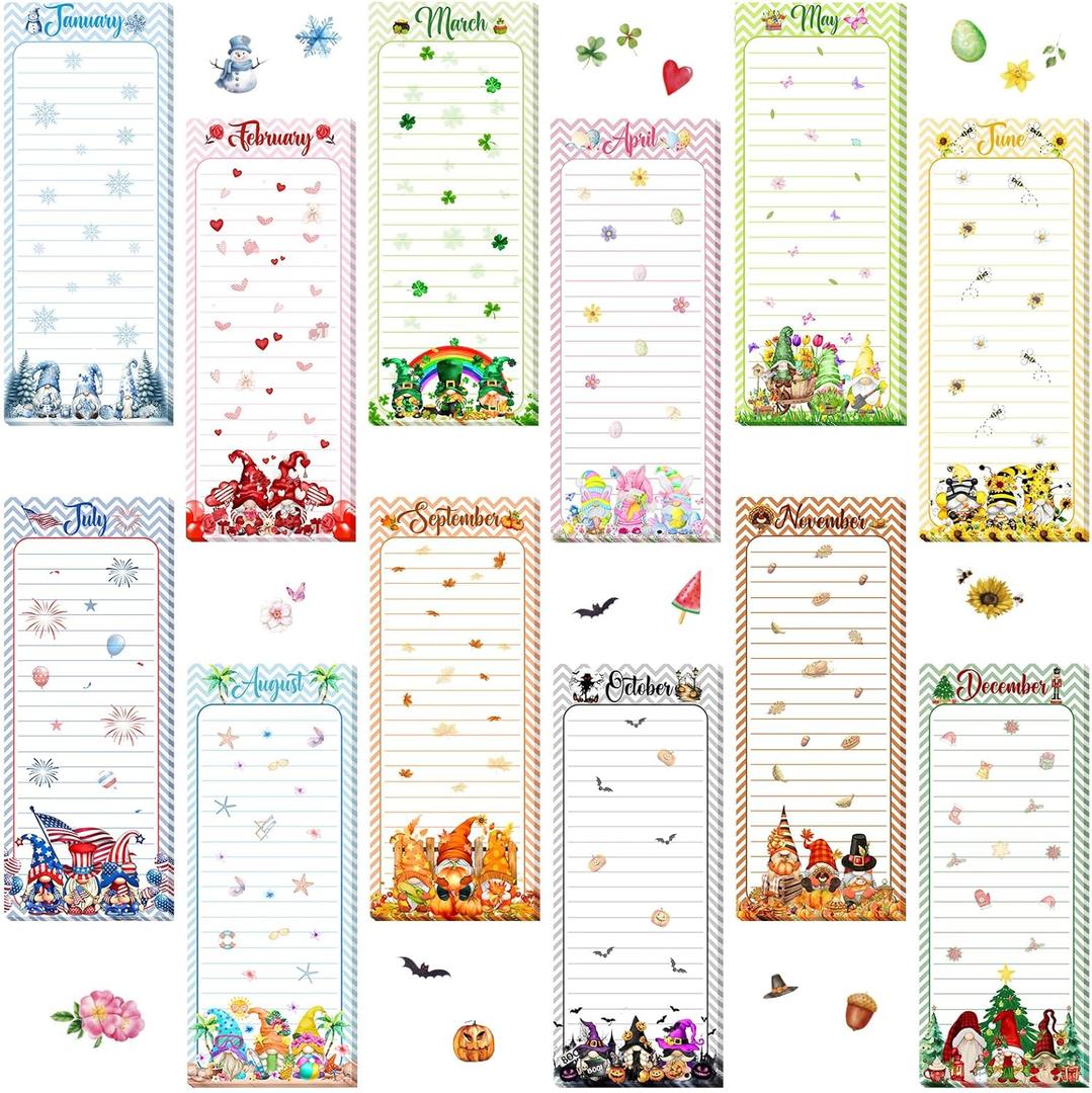 Eaasty 12 Pcs Seasonal Holiday Magnetic Notepads for Refrigerator Gnome Monthly Magnetic Grocery List 9 x 3.5" Magnet Memo Pads 30 Sheets Per Pad Shopping to Do List for January to December