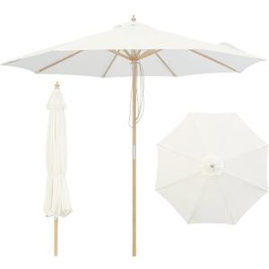 9FT Wood Patio Umbrella, Large Outdoor Table Pool Umbrella | 205G Olefin/180G Polyester Fabric, Push-Pull Operation Market Umbrella, 8 Rib Vented Canopy, Ideal for Patio, Backyard