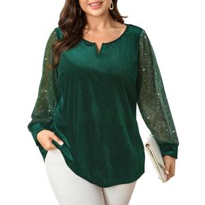 SCOMCHIC Women's Plus Size Blouses Long Sleeve V Neck Sparkly Sequin Velvet Top Dressy Casual Loose Shirts Party Tops (XX-Large Plus, Emerald Green)
