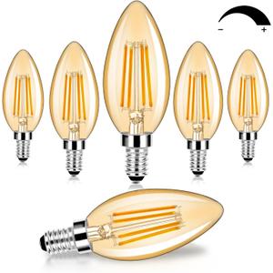 6-Pack Dimmable E12 LED Candelabra Bulbs 60W Equivalent, 2200K Amber Warm White, 600 Lumens B11 Candle Base 6W C35 LED Filament Vintage Light Bulbs, Amber Glass for Chandelier Ceiling Fan High CRI 90+