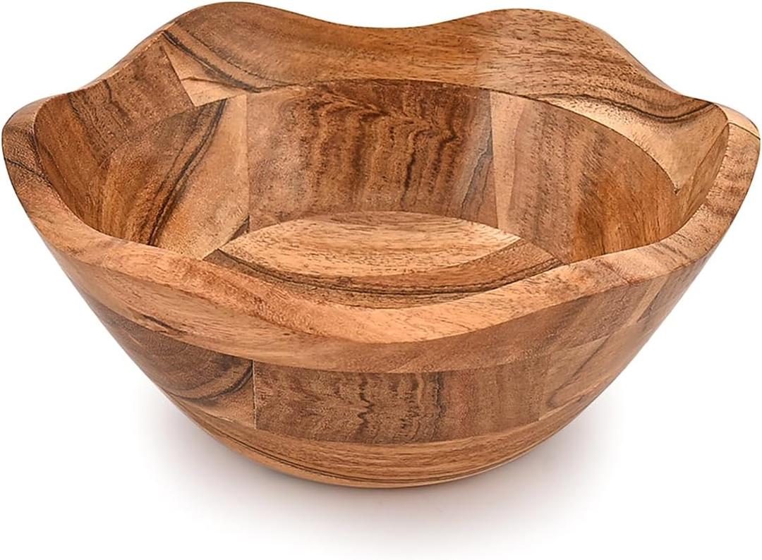 Fruit Bowl Acacia Wood Ruffle Decorative Style Home Decor for Dining Table Fits Bread, Fruits, Salad or Popcorn (9" x 9" x 4")