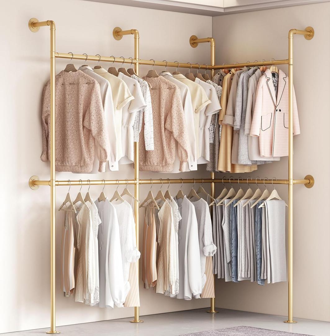 Industrial Pipe Gold Clothes Racks Wall Mounted, Rustic Gold Industrial Pipe Clothing Rack Design - Stylish & Heavy Duty Corner Garment Racks, Perfect for Home or Retail Display (6Rod-111.8"W)