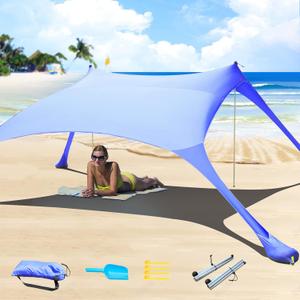 77 FT Beach Tent Sun Shelter UPF50+ UV Protection, Outdoor Canopy Tent Sun Shade with 2 Poles for Camping, Fishing, Backyard and Picnics with Sandproof Beach Blanket Royal Blue
