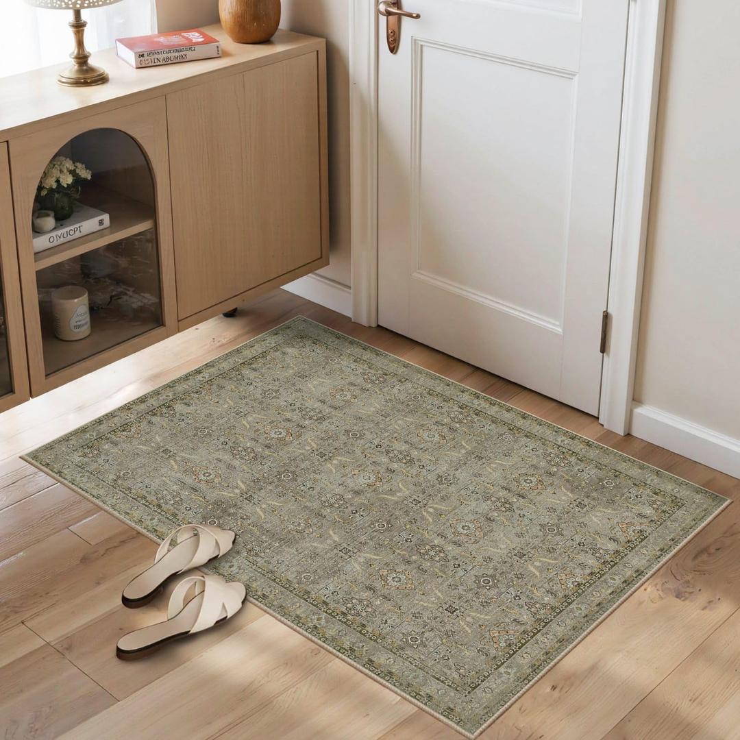 Rugxara Entryway Rug Door Mat, Washable Small 2x3 Rug, Boho Front Door Mat, Non-Slip Area Rugs, Low Pile Throw Accent Entry Carpet for Indoor Entrance, Bathroom and Kitchen(Olive/Brown 2x3ft)