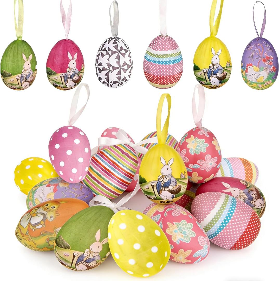 24Pcs Easter Hanging Eggs Ornaments, Easter Tree Ornaments, Vintage Style Eggs Ornament for Spring E Aster Mini Tree Decorations Home Party DIY Crafts