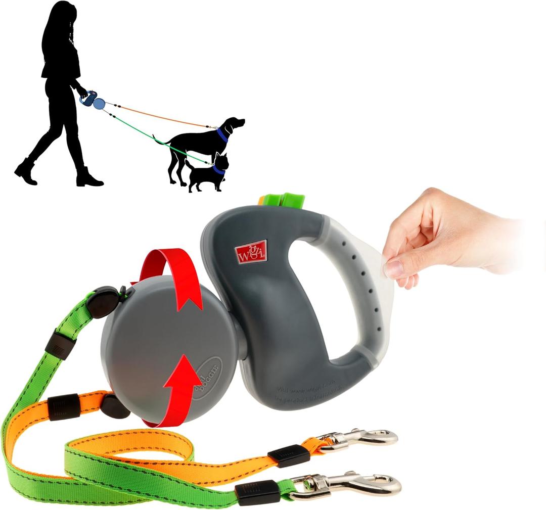 Wigzi - 2025 Edition - 2 Dog Retractable Leash  Featuring Our Incredible Silicone Gel Handle - No Tangle Engineering. Each Dog 50 lb up to 10 ft Distance. Lock and Unlock Easily. Reflective Webbing.
