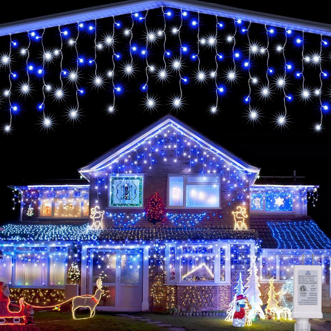 Joomer Christmas Icicle Lights - 33FT Plug in String Lights Waterproof, 8 Modes Timer Connectable Outdoor String Light for Christmas Party, Eaves, Roofs, Xmas Decorations (White+Blue)