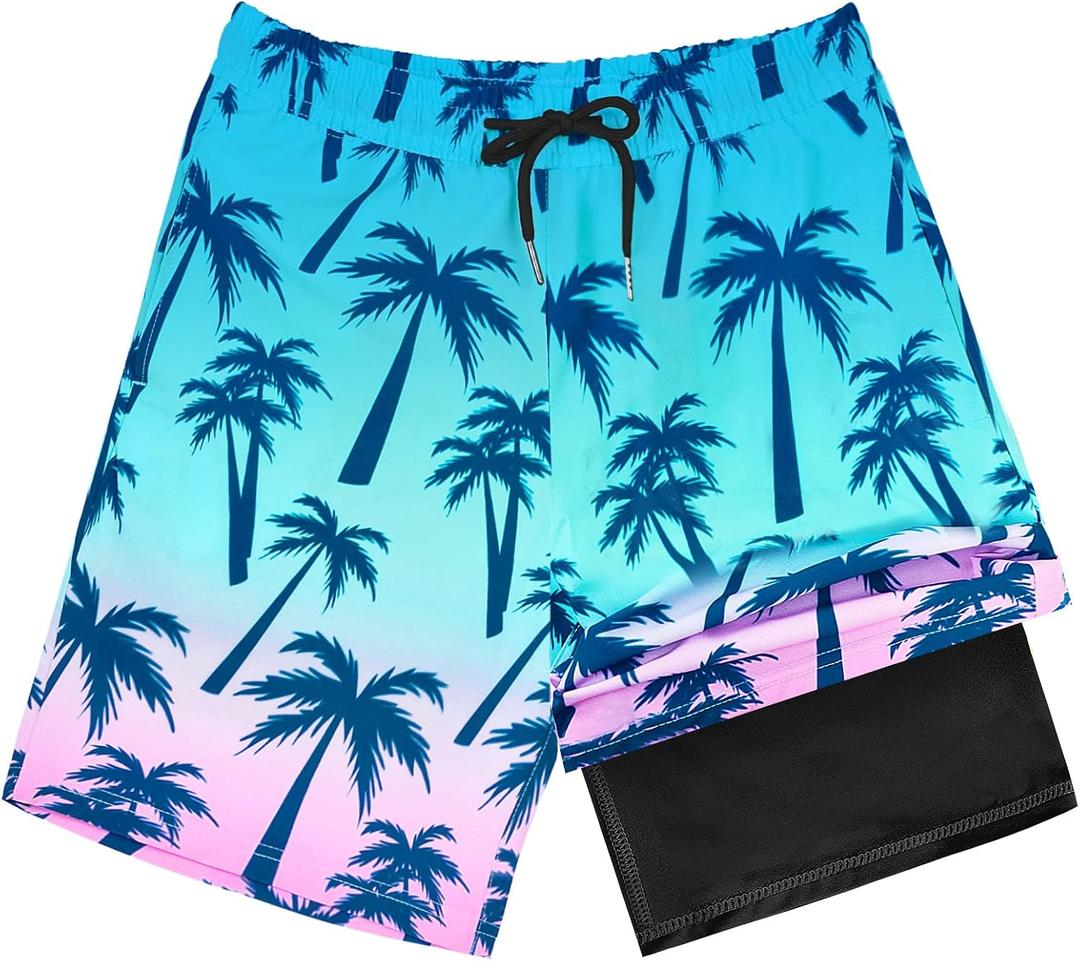 OlyPegic Boys Swim Trunks with Boxer Brief Liner Compression Boy Bathing Suit Quick Dry Beach Swimsuit Toddler Swim Shorts (Blue)