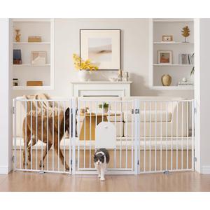 No Pawblems Freestanding Dog Gate with Cat Door for Indoor & Outdoor, White | Foldable Pet Gate for Stairs, 30'' Tall 78'' Extra Wide Dog Fence for Deck & Porch , Freestanding or Wall Mount, 3 Panels