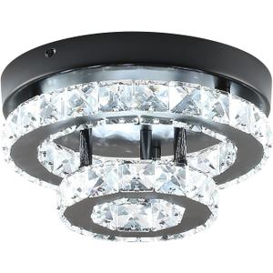 9.8 inch Modern Crystal Chandelier Flush Mount Ceiling Light, Black Mini Chandelier with LED Lighting for Bedroom Hallway Entryway Dining Room, 6000K Daylight Small Semi Flush Mount Fixture