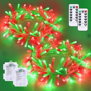 YEGUO Christmas Lights Battery Operated, 2 Pack Each 33ft 100 LED Red and Green String Lights Outdoor Waterproof,8 Modes Clear Wire Fairy Light Indoor with Remote