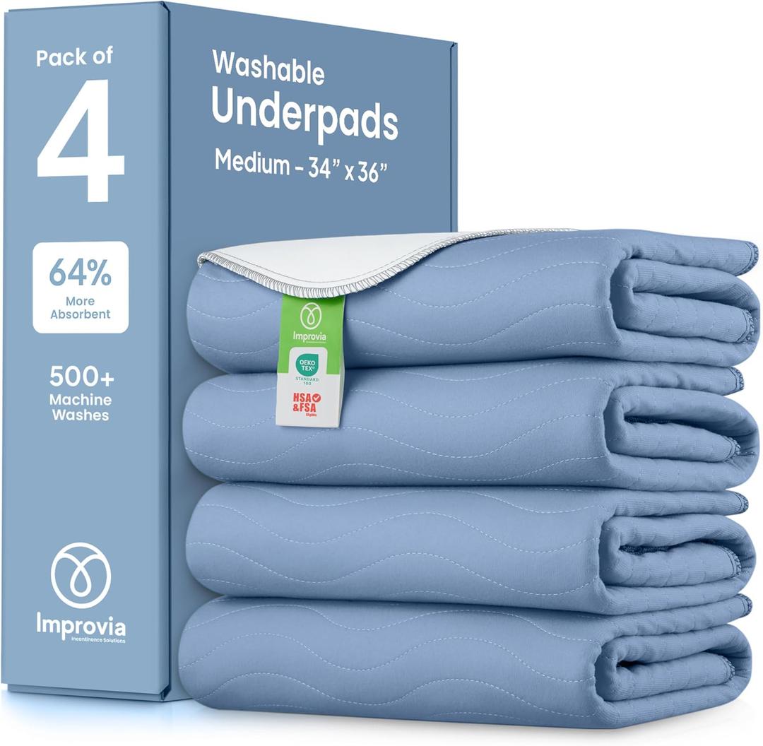 IMPROVIA® Washable Underpads, Heavy Absorbency Reusable Incontinence Pads for Kids, Adults, Elderly, and Pets, Waterproof Protection Floor (Blue and White, 34" x 36" - Pack of 4)
