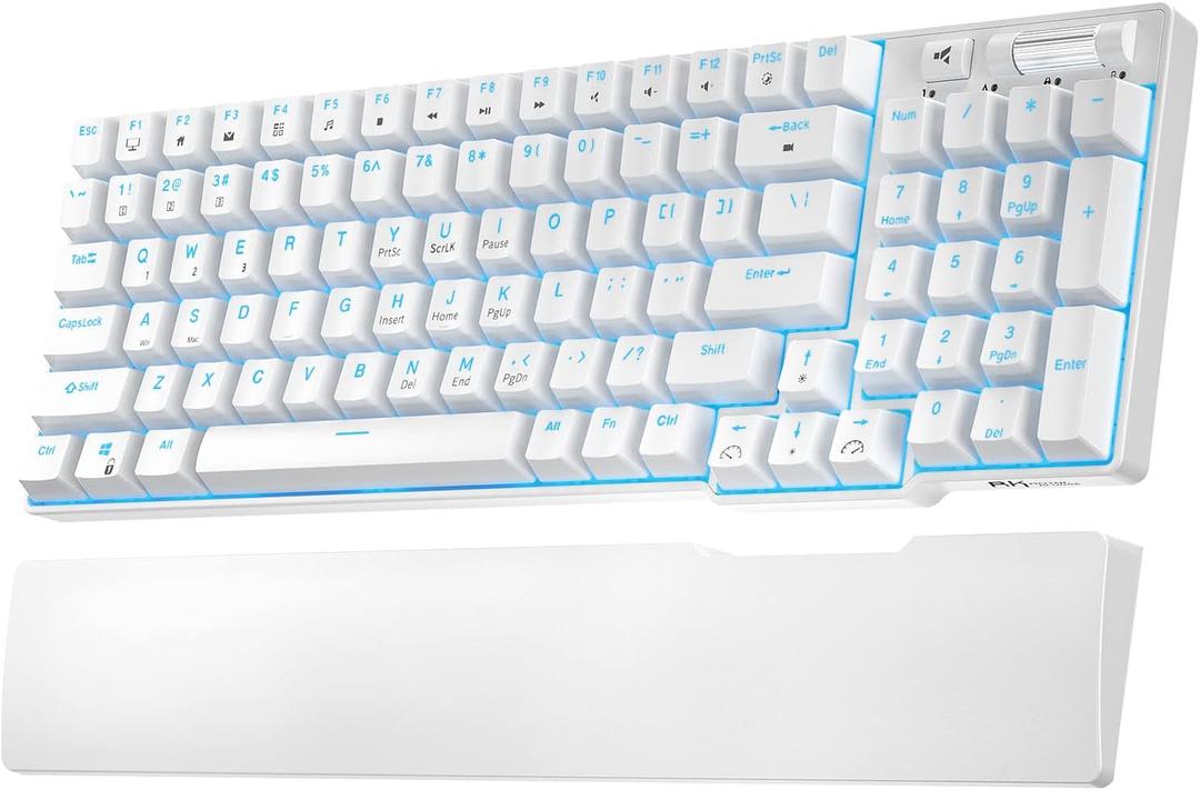 RK ROYAL KLUDGE RK96 90% Triple Mode BT5.0/2.4G/USB-C Hot Swappable Mechanical Keyboard with Magnetic Wrist Rest, 96 Keys Wireless Gaming Keyboard with Software, Blue Backlight (White)