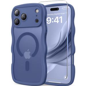 DOMAVER for iPhone 17 Pro Max Case for Women, 1X Screen Protector+1X Wrist Strap, [Compatible with MagSafe] [Full Camera Protection] Cute Wave Matte Phone Case for iPhone 17 Pro Max, Deep Blue