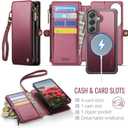 for Samsung Galaxy S26 Wallet Case Magnetic [Compatible with Magsafe] [RFID Blocking Card Holder] [Zipper] [Strap] Detachable Drop-Proof Protective Phone Cases for Galaxy S26-6.3", Burgundy