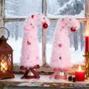 Set of 2 Pink Christmas Table Tree - 17 Plush Christmas Tabletop Mini Tree Decorations with Red Balls, Indoor Xmas Home Decor for Table Office Mantle