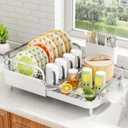 SAYZH Dish Drying Rack - Expandable Dish Rack for Kitchen Counter, Rust-Resistant Dish Drainer with Utensil Holder and Raised Guardrail, Kitchen Organizer for Cup and Bottle (White)