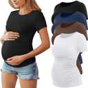 Huukeay 4 Pack Women's Maternity Shirts, Crew Neck Maternity Top Short Sleeve Casual Cotton Tee Side Ruched Pregnancy Clothes (Black, White, Coffee, Navy Blue)