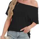 Eniloyal Womens Off Shoulder Button Down Tops Summer Trendy Short Sleeve Loose Batwing Shirts Oversized Blouse Tunic, Black, L