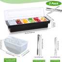 2 Ice Cooled Garnish Tray Deck Bar Garnish Caddy Condiment Containers with Lids and Removable Chilled Condiment Server with 6 Tongs and 6 Fruit Forks (6 Compartments)