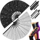 Weysat 2 Sets Large Folding Fans for Line Dancing Boots on the Ground Fans with Fan Holster for Women Men Glitter Fan with Leg Strap and Fabric Case Bag for EDM Music Festival (Black and Silver)