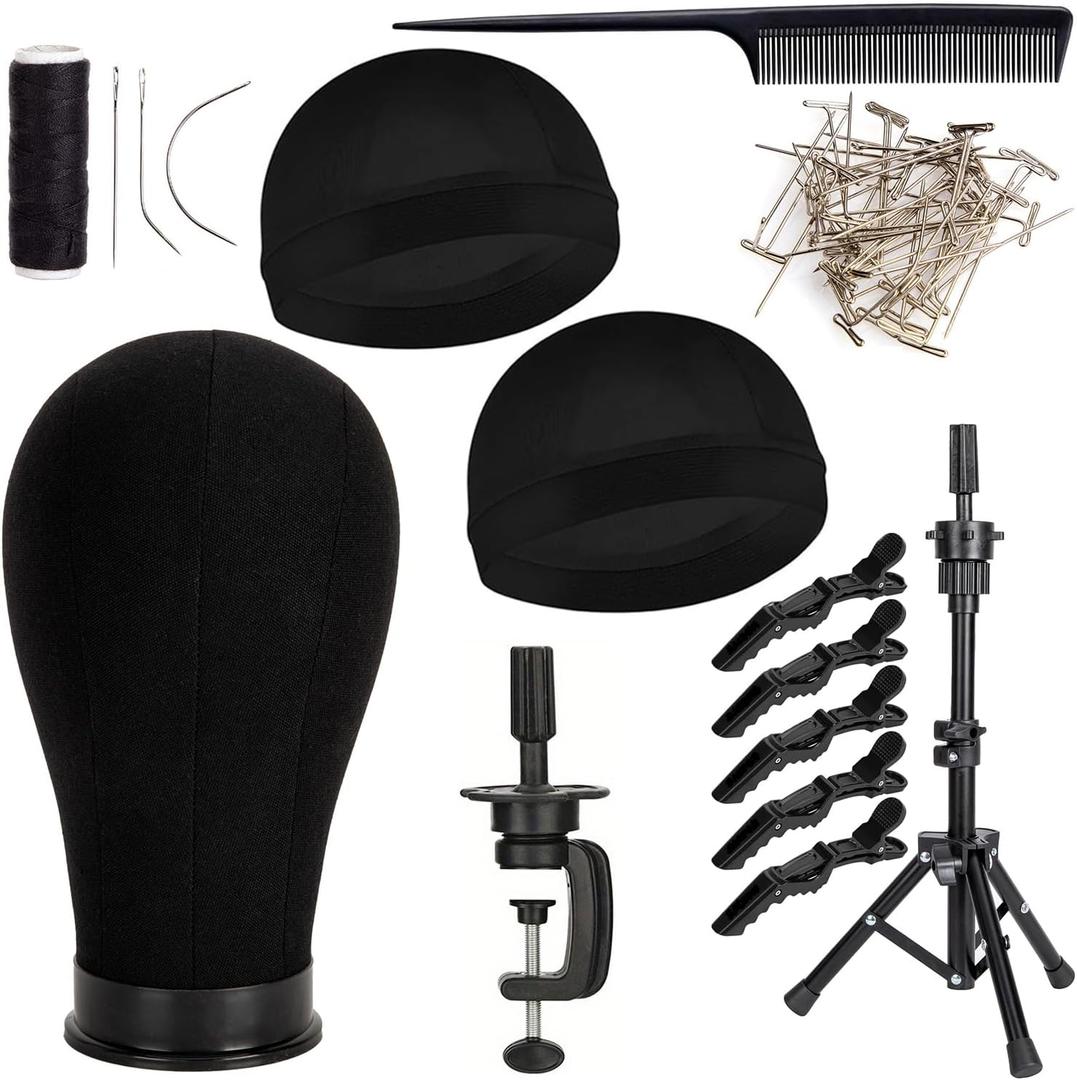 Mannequin Canvas Head with Wig Stand for Making Display, Cork Canvas Block Head with Wig Caps, Canvas Mannequin Head with T Pins Set Hair Styling Practice Display