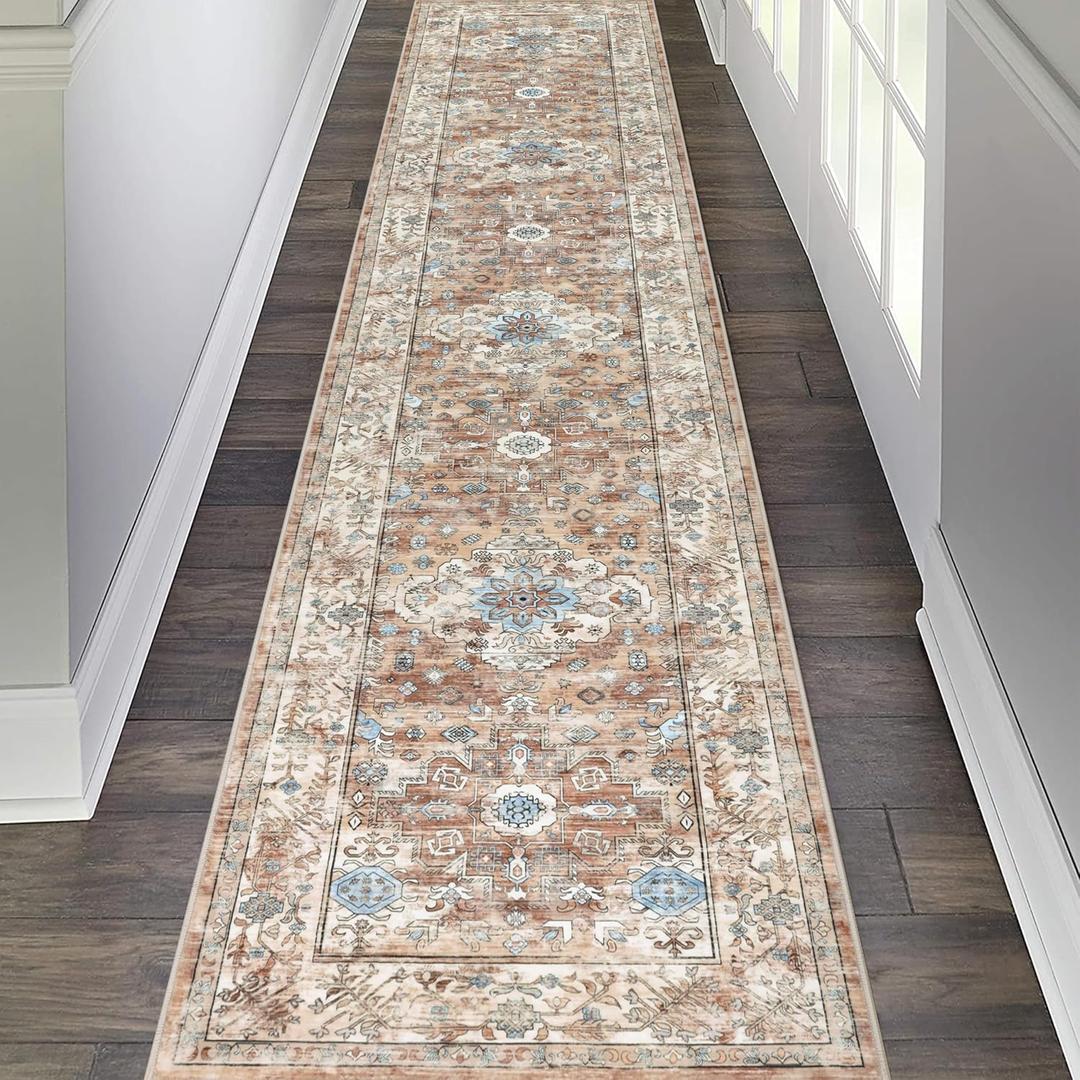 Pauwer Long Hallway Runner Rug 2'6''x12', Boho Washable Runner Rugs with Rubber Backing, Non Slip Carpet Runner for Hallways, Farmhouse Rug Runners for Kitchen Laundry Room Entryway (Vintage Cream Tan)