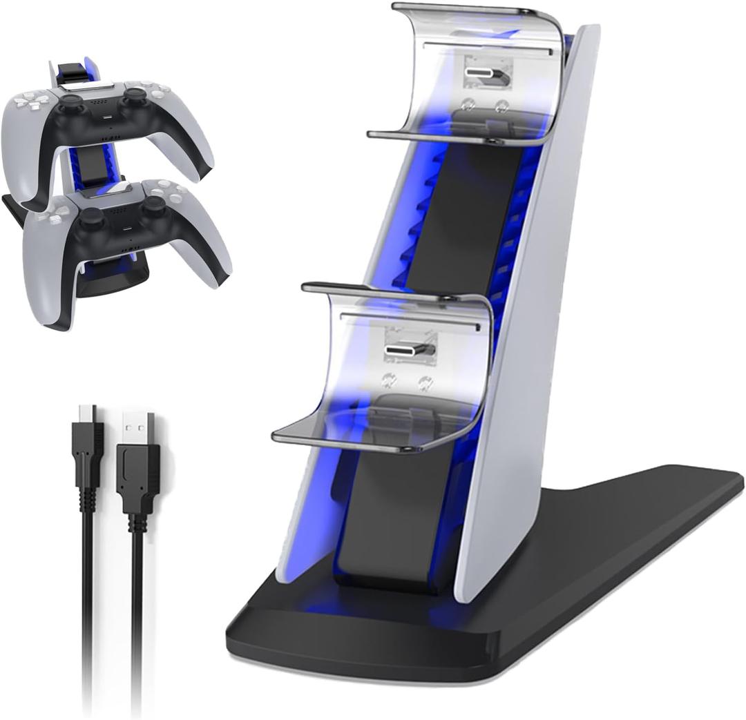 LEPEYMDA PS5 Charging Station with Blue LED Light  Fast Charging Dock for PS5 Controllers, Dual Charging Ports with Charger Cable, Compact & Sleek Design Charging Stand for Controllers
