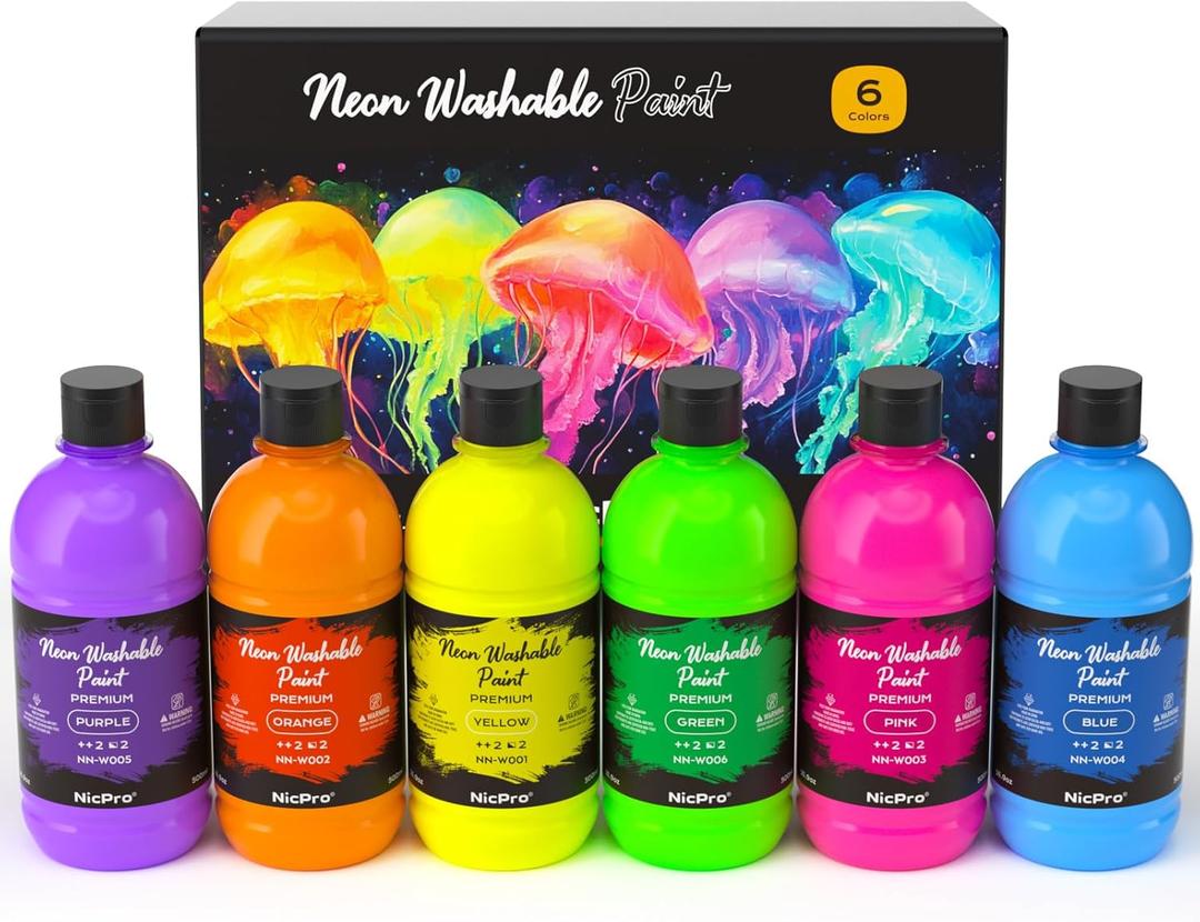 Nicpro 6 Colors Fluorescent Large Washable Paint Set for Kid (16.9 oz), Glow in the Black Light, Non Toxic Neon Tempera Paints for Art, Craft DIY, Poster & Finger Paint, School, Home, Classroom, Party