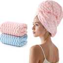 REDKISS 2 Pack Microfiber Hair Towels - Extra Large Hair Towel Wrap for Women, 24x42 inch Pink Hair Towels with Elastic Strap, Super Soft Blue Hair Drying Towels Curly Anti Frizz Turbans