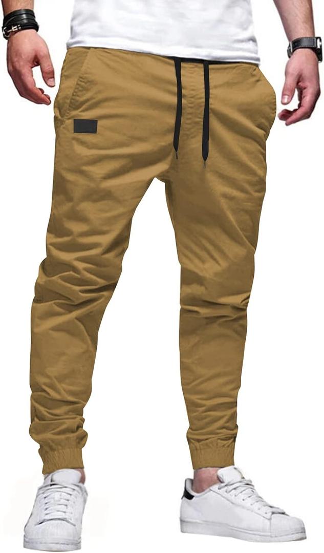 JMIERR Mens Casual Joggers Pants - Cotton Drawstring Chino Cargo Pants Hiking Outdoor Twill Track Jogging Sweatpants Pants (Medium, Dark Khaki)