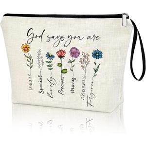 God Says You Are Christian Bible Verse Zipper Bag, Christian Quotes Makeup Bag Cosmetic Pouch God Says You Are Unique Floral Inspirational Affirmations Faith Gift for Women Jesus Religious Gift White