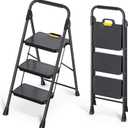 KINGRACK 3 Step Ladder, Sturdy Steel Step Stool with Anti-Slip Wide Pedals, Handrail, Safe-Lock Design, Pass 800lbs Load Testing, Folding Portable Ladder for Multi-Purpose, Home, Kitchen, Black