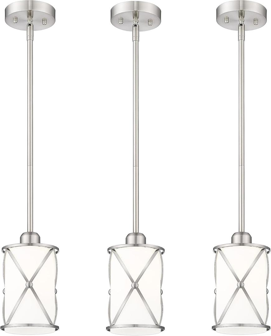 Brushed Nickel Pendant Lights Kitchen Island 3 Pack, Milk Glass Kitchen Pendant Lighting Over Island with Rods, Modern Mini Hanging Light for Sink Dining Room, CH9176BNW-3PK