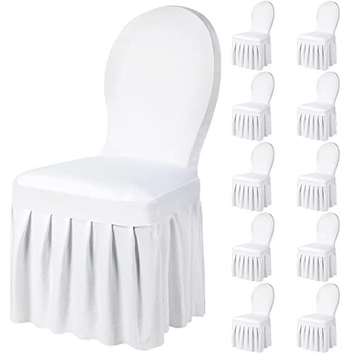 Oudain 10 Pcs White Chair Covers with Skirt Spandex Chair Slip Covers Wedding Long Stretch Protectors Removable and Washable for Dining Chairs Hotel and Wedding Ceremony