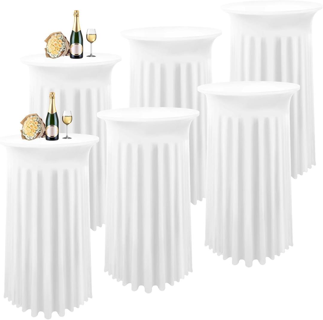6 Packs Cocktail Table Covers White Cocktail Table Cloth 32"x 43" Spandex Stretch Small Round Tablecloth for 32in Table with Wavy Drapes Fitted High Top Table Cloth for Party Wedding Banquet Bar Table