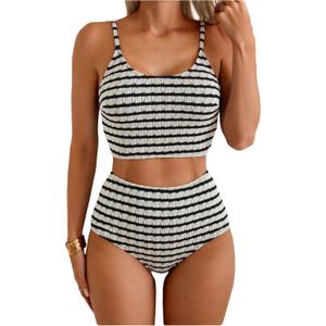 RoseSeek Women's Jacquard Textured Striped 2 Piece Bikini Sets High Waisted Panties Swimsuits Bathing Suits Beachwear (S)