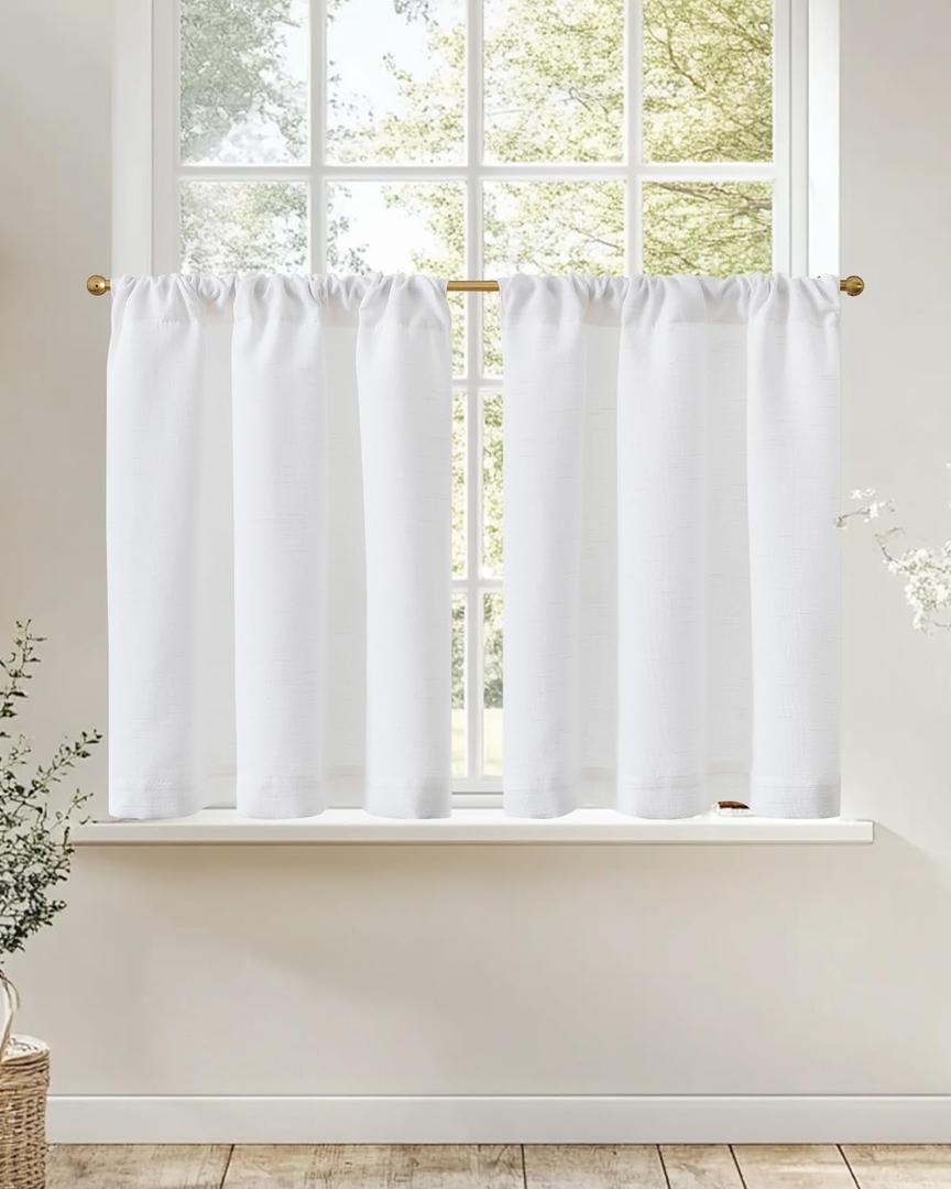jinchan Linen Kitchen Curtains 36 Inch Rustic Tier Curtains Farmhouse Rod Pocket Cafe Small Window Drapes with Lined Flax Country Light Filtering for Bathroom Laundry Room RV 2 Panels White