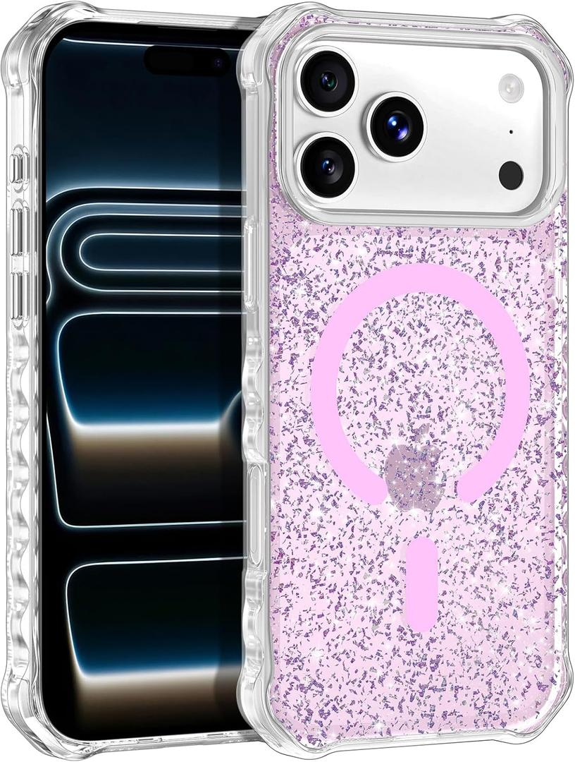 for iPhone 17 Pro Max Case, Compatible with MagSafe, Clear Bling Sparkly Shockproof Slim Anti-Slip Military Drop Protection Hard Phone Case, Glitter Purple