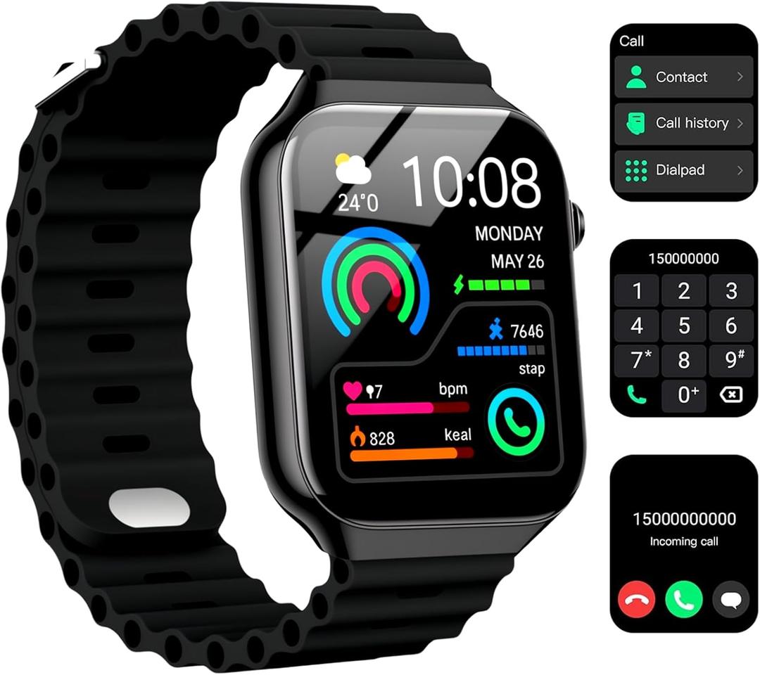 Smart Watch for Men Women, 2.09" AI Fitness Smartwatches with Calling/SMS, Heart Rate/Sleep/SpO2 Monitor, Pedometer, Dual Bands, 1 Game for Android/iOS Phones (Black)
