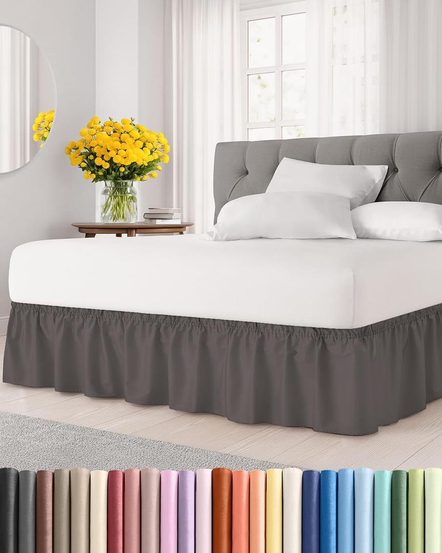 Wrap Around Dust Ruffle Bed Skirt - Dark Grey - for Queen Size Beds with 15 Inch Drop - Elastic Strap - Adjustable Pleated Bedskirt with Brushed Fabric and Wrinkle Free - for Women, Men, Kids & Teens