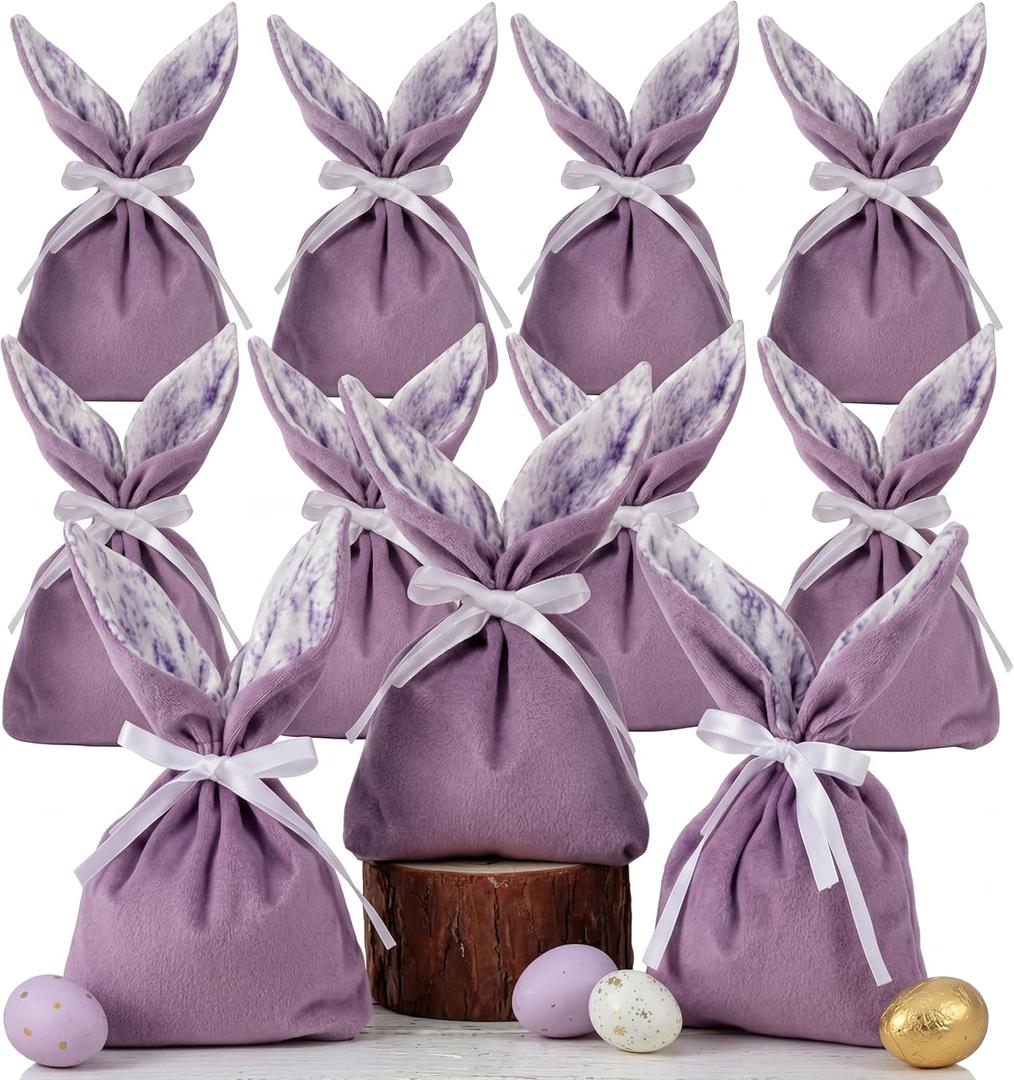 Shinylin 12 Pcs Easter Bunny Gift Bags Velvet Bunny Birthday Decoration Purple Lavender Birthday Party Favor Rabbit Reusable Goodie Treat Bag for Spring Easter Baby Shower Garden Tea Party Supplies