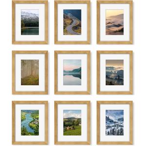 8x10 Picture Frame Set of 9, Display Pictures 5x7 with Mat or 8 x 10 Without Mat, Multi Photo Frames for Wall Mounting or Table Top Display, Natural Oak
