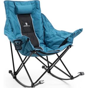 Dowinx Oversized Rocking Camping Chair, Fully Padded Patio Chair with Side Pocket and Carry Bag, High Back Portable Lawn Recliner with Headrest, Support 300 lbs, Blue
